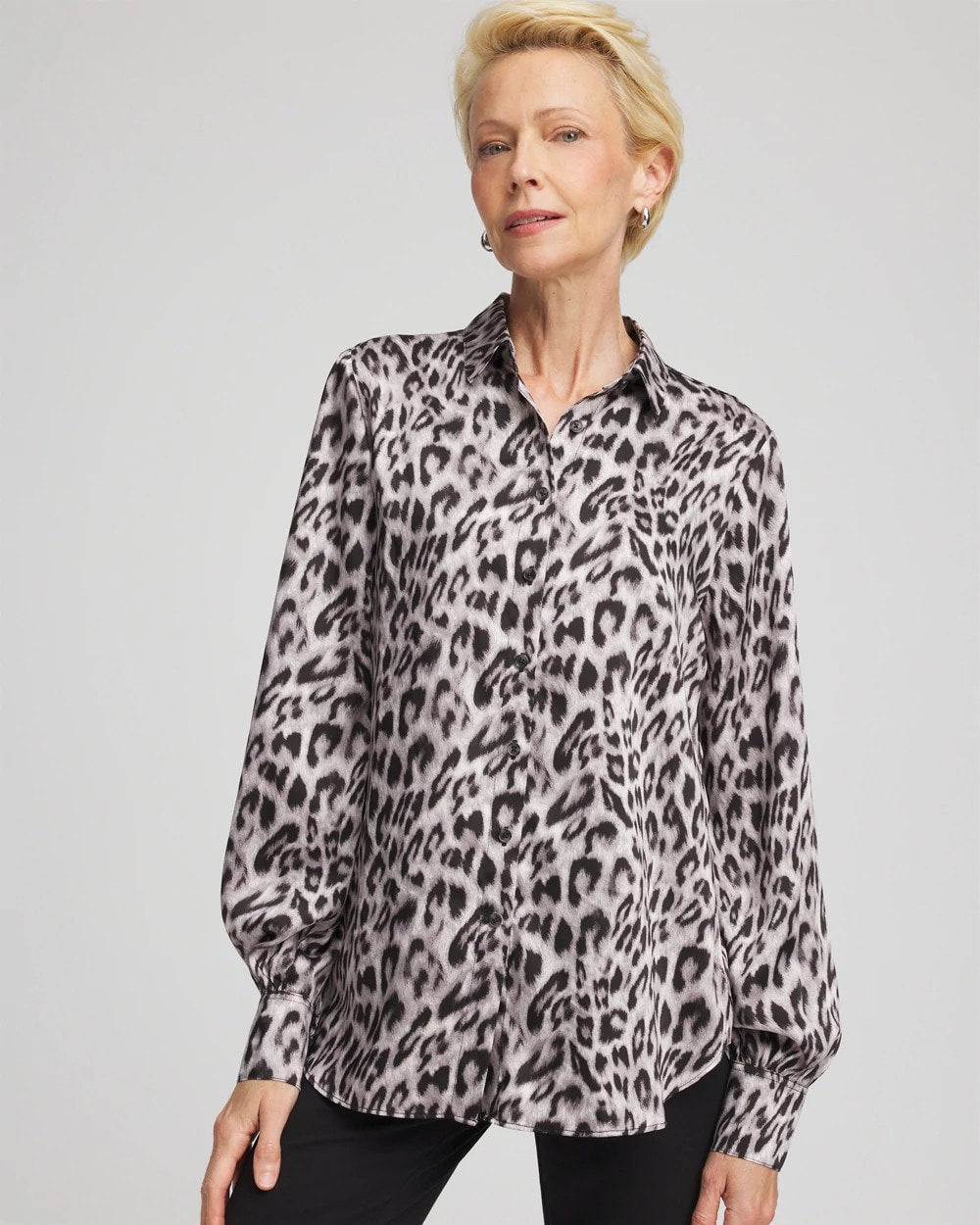Chico's Faux Silk Snowy Animal Shirt DOVE GRAY