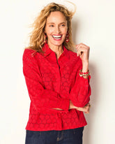 Chico's Heart Eyelet Button Down Shirt LOVE LETTER RED