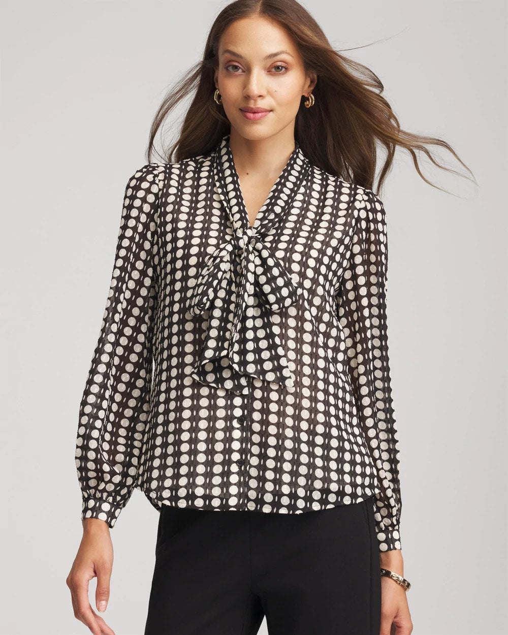 Chico's Clip-Dot Tie-Front Blouse BLACK