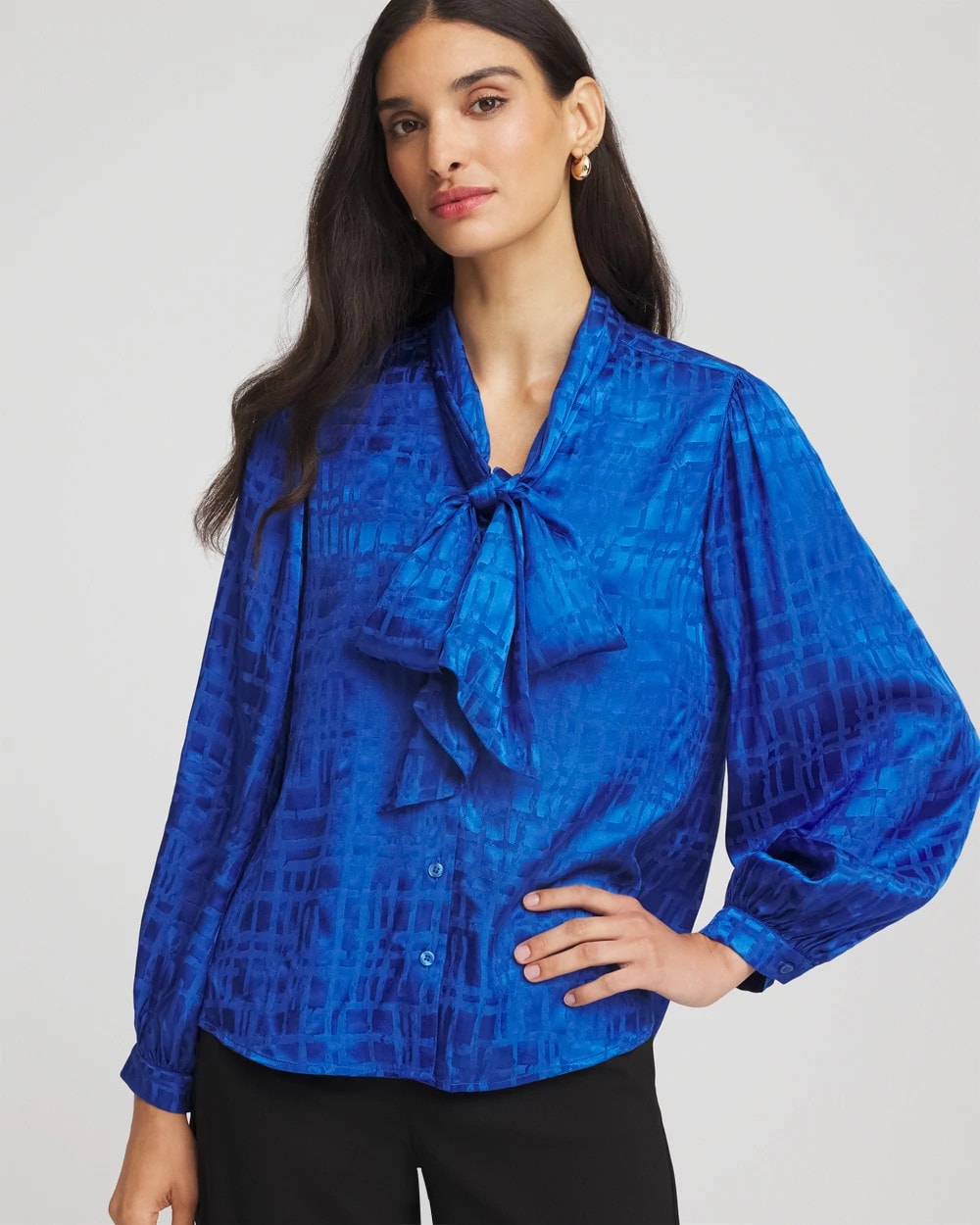 Chico's Jacquard Tie-Front Blouse COBALT STONE