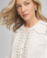 Chico's Embroidered Crinkle-Cotton Blouse ECRU