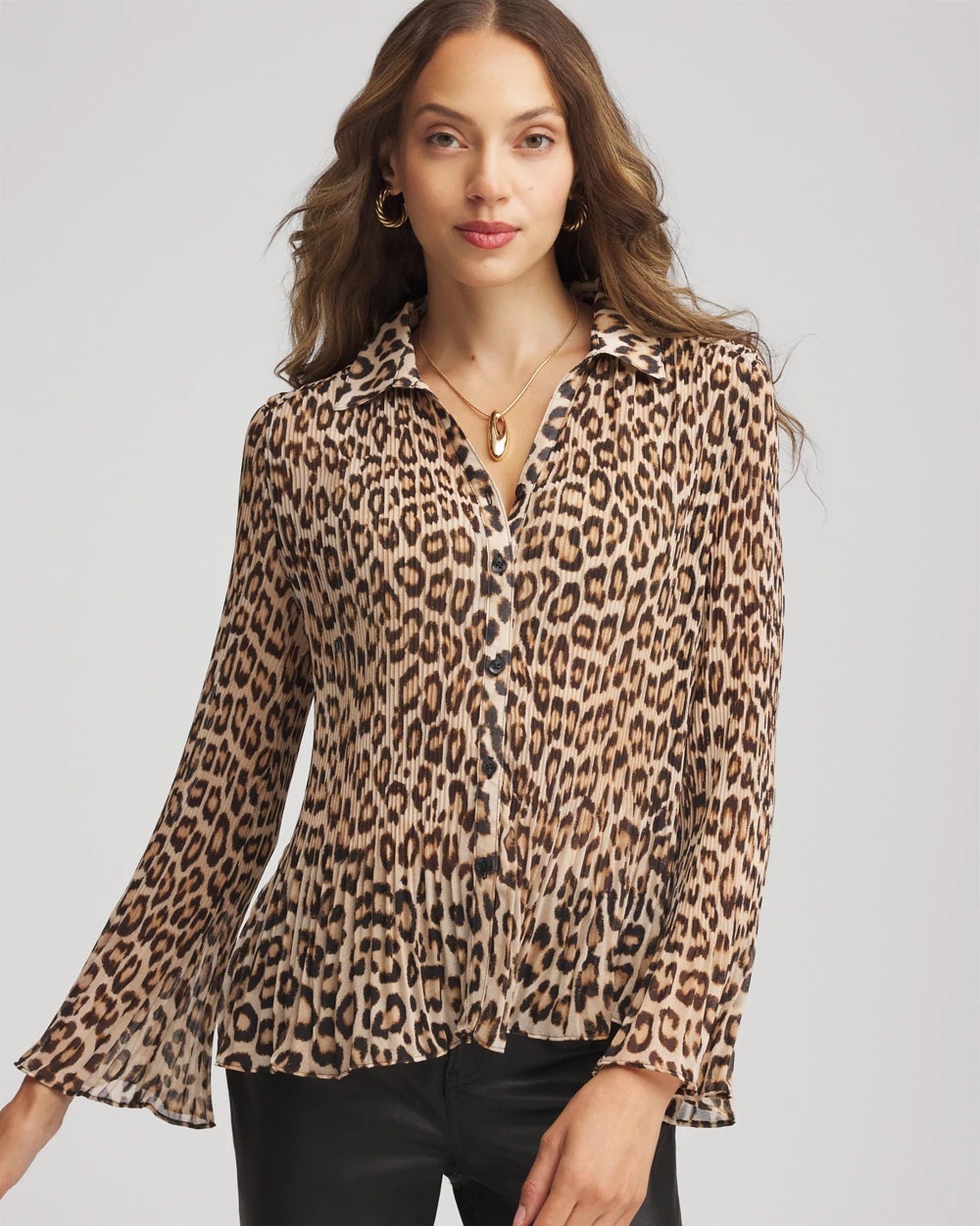 Chico's Animal-Print Pleated Georgette Blouse BLACK