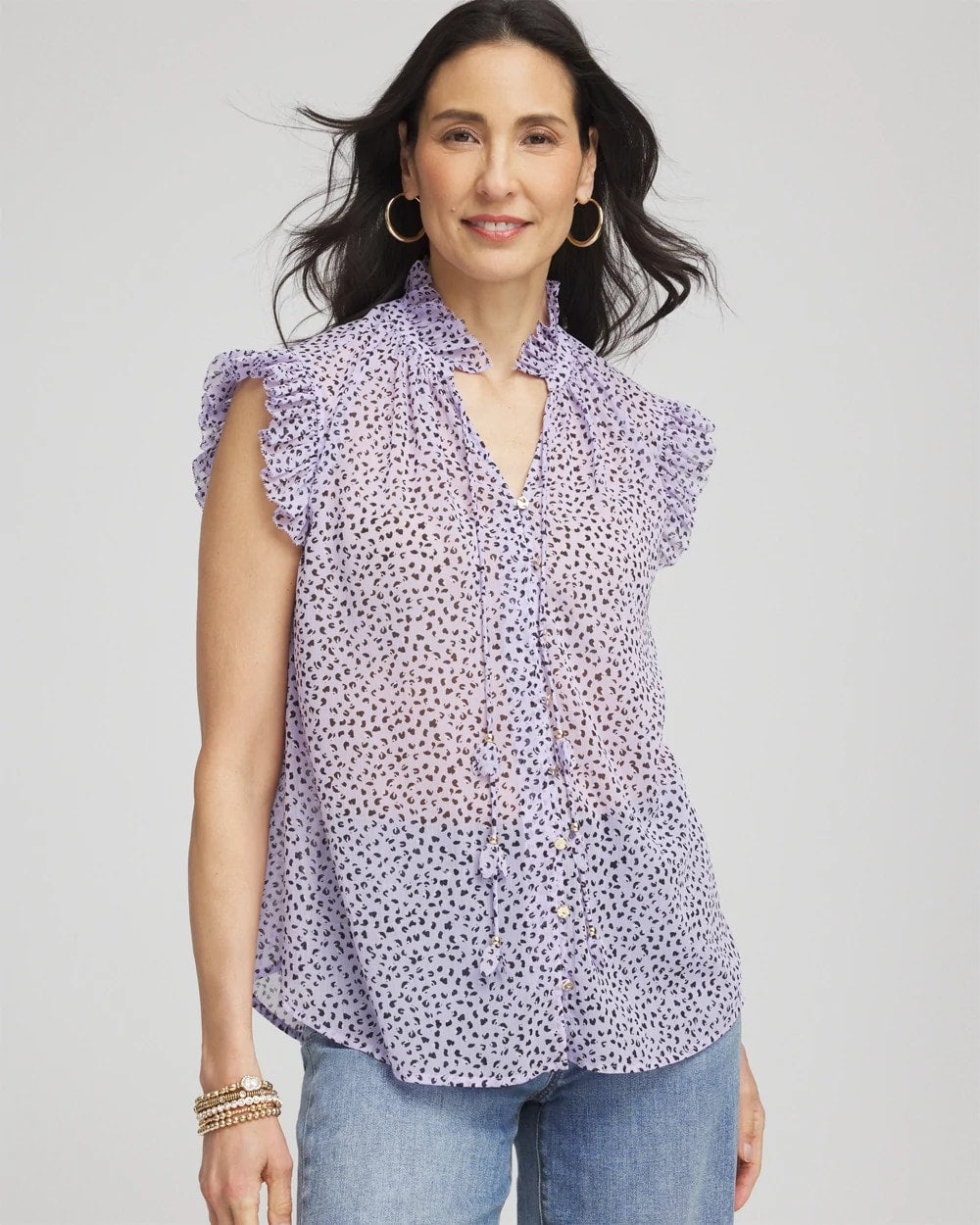 Chico's Cheetah Print Ruffle-Collar Blouse VIOLET AURA