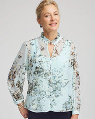Chico's Floral Georgette Peasant Blouse BLUE MENTHE