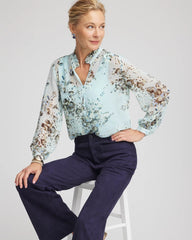 Chico's Floral Georgette Peasant Blouse BLUE MENTHE