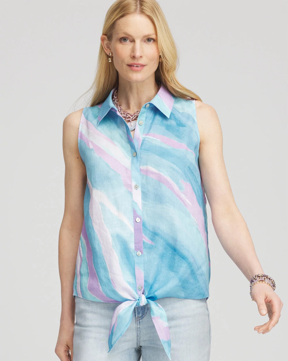 Chico's No Iron™ Linen Tie-Front Sleeveless Shirt PARADISO BLUE