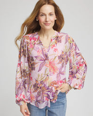 Chico's Floral Georgette Pintuck Blouse PLUM SHADE