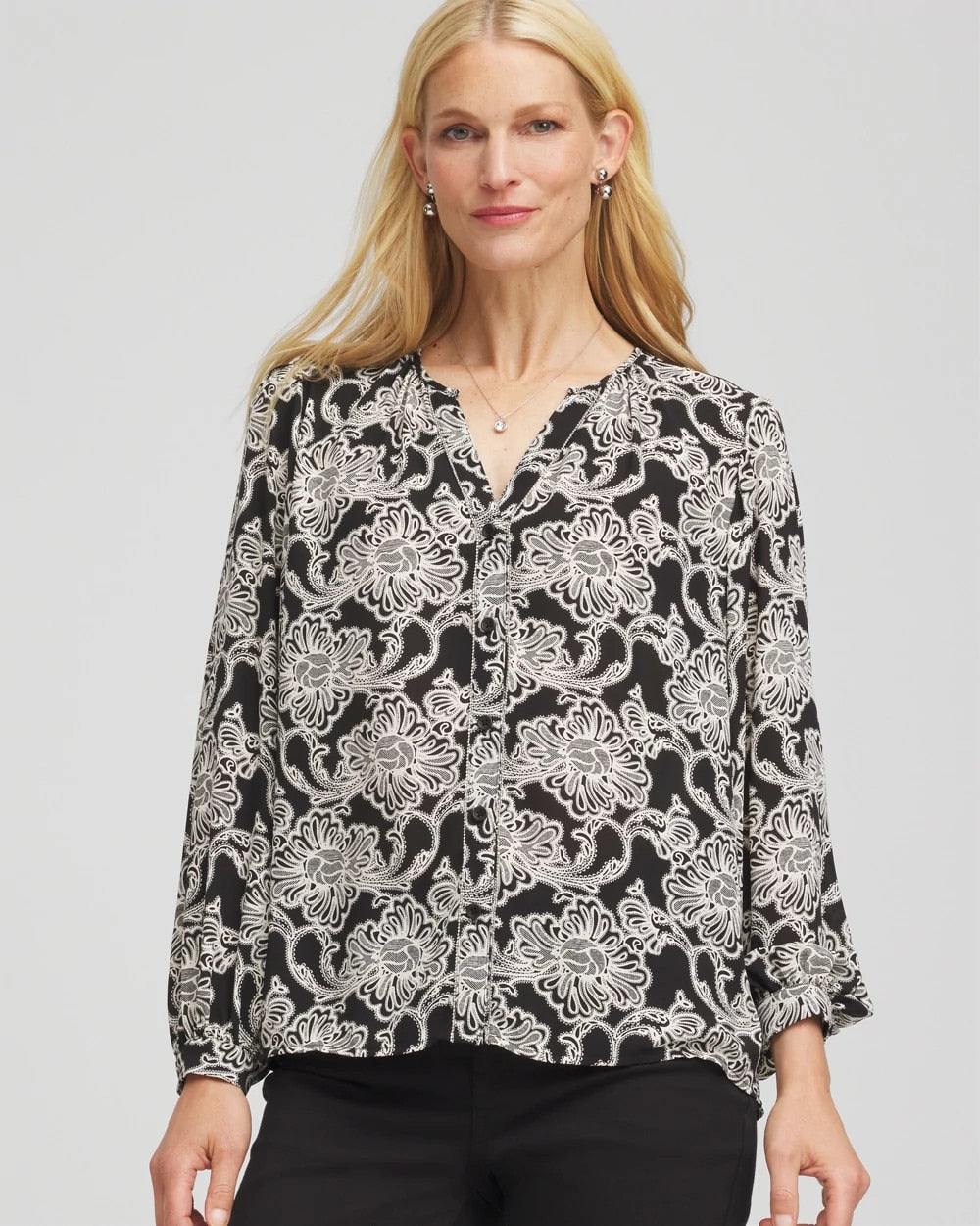 Chico's Caviar Bead Georgette Blouse BLACK
