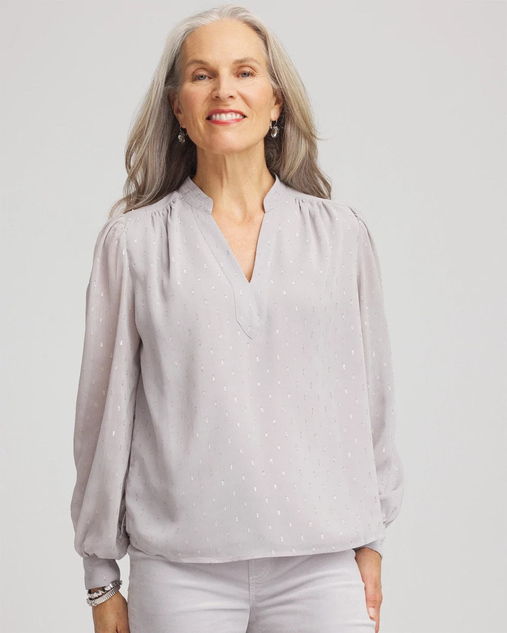 Chico's Georgette Clip Dot Blouse DOVE GRAY