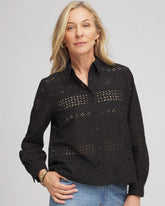 Chico's Embroidered Eyelet Collared Shirt BLACK