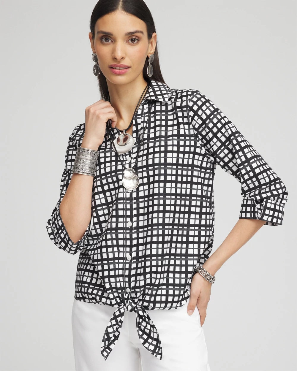 Chico's No Iron™ Plaid Tie-Front Top BLACK