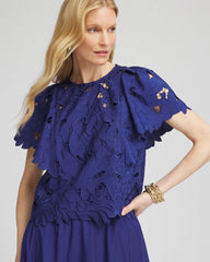 Chico's Lace Detail Flutter Sleeve Top BLUE CASA