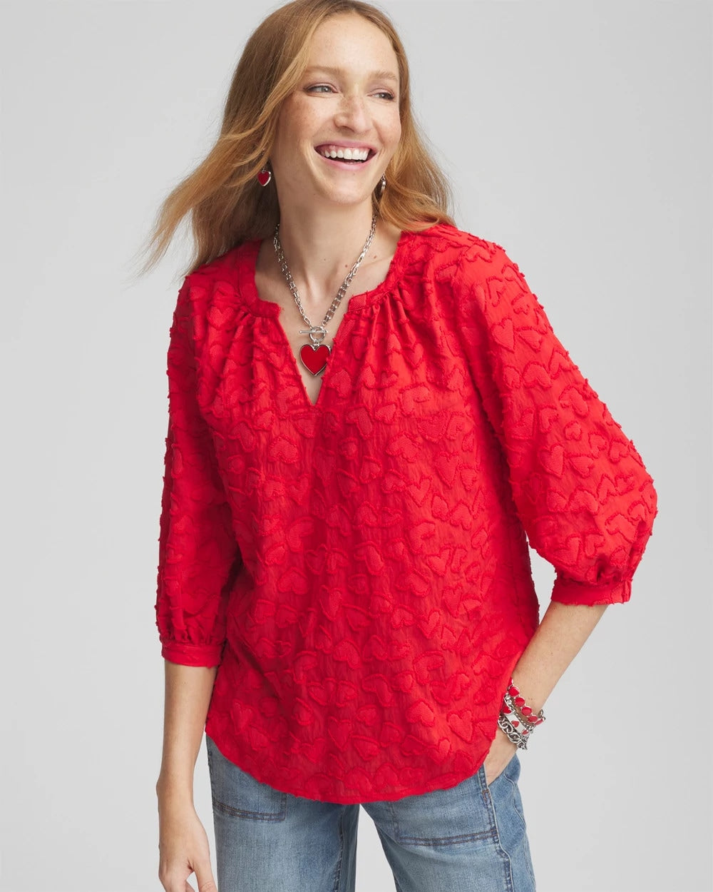 Chico's Embellished Valentine's Day Blouse LOVE LETTER RED