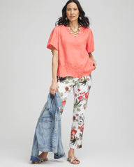 Chico's Linen Embroidered Hem Blouse MELON MAMBO