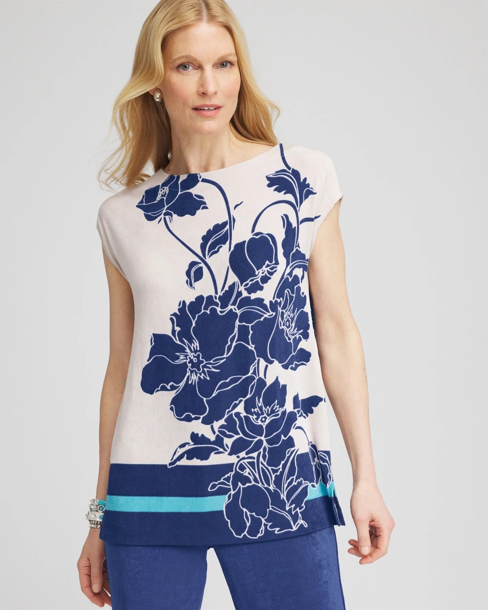 Chico's Travelers™ Wildflower Cap-Sleeved Tunic BLUE CASA
