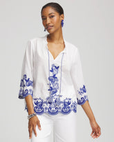 Chico's Embroidered Tassel Tie-Front Blouse RICH COBALT