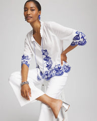 Chico's Embroidered Tassel Tie-Front Blouse RICH COBALT