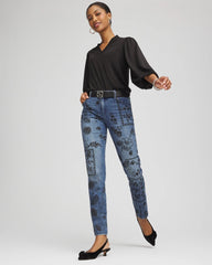 Chico's Mixed-Media Girlfriend Slim Ankle Jeans EMILIA INDIGO