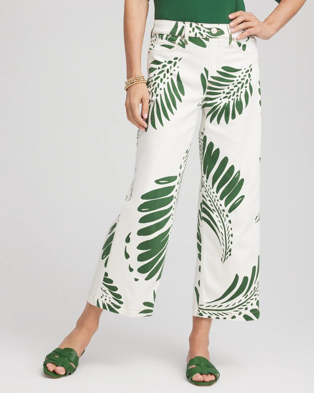 Chico's Palm-Frond-Motif Pull-On Wide-Leg Cropped Jeans ECRU