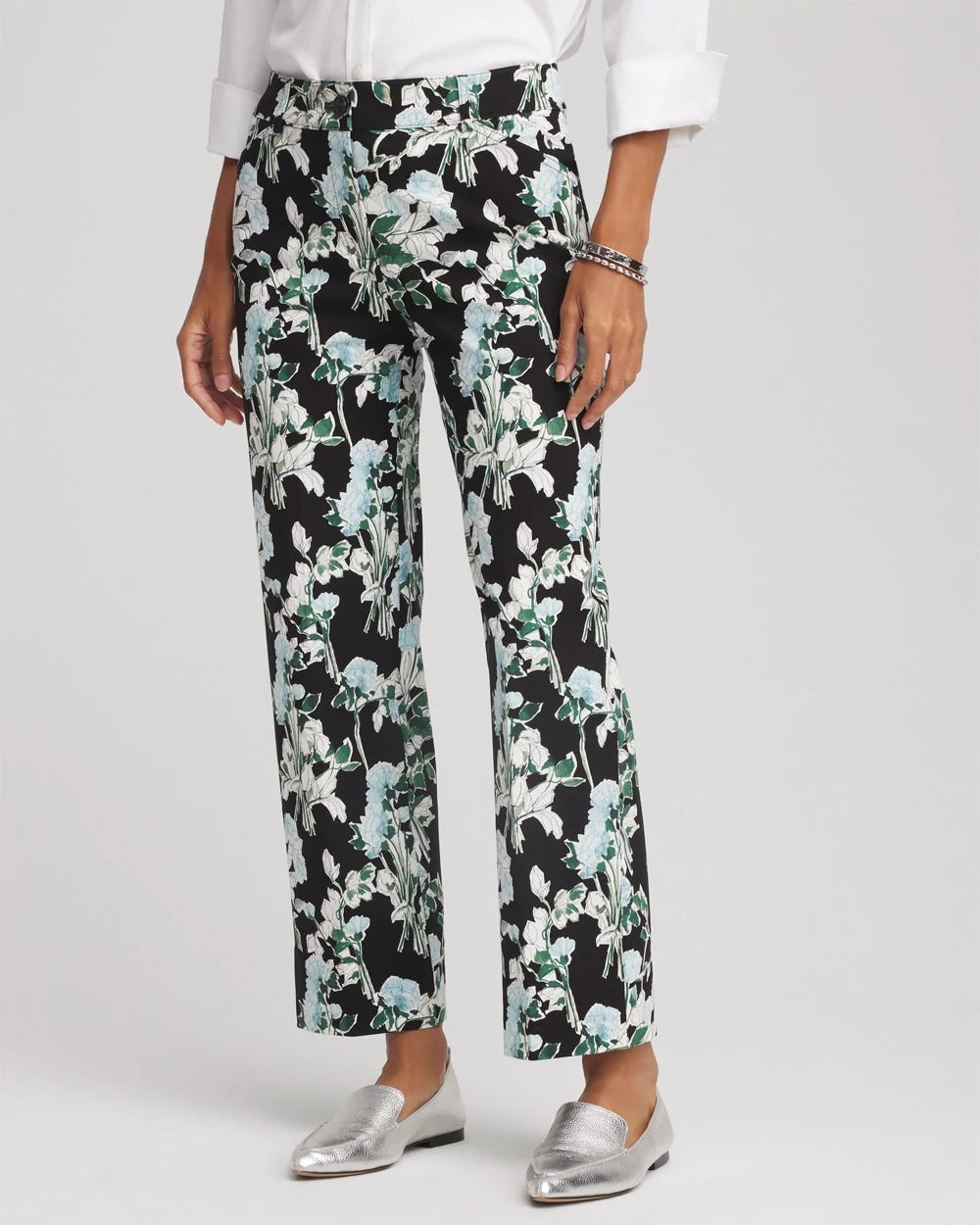 Chico's Floral Emme Straight Ankle Pants BLACK