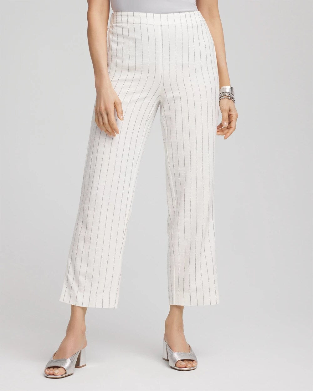 Chico's Metallic Striped Straight Cropped Pants ECRU