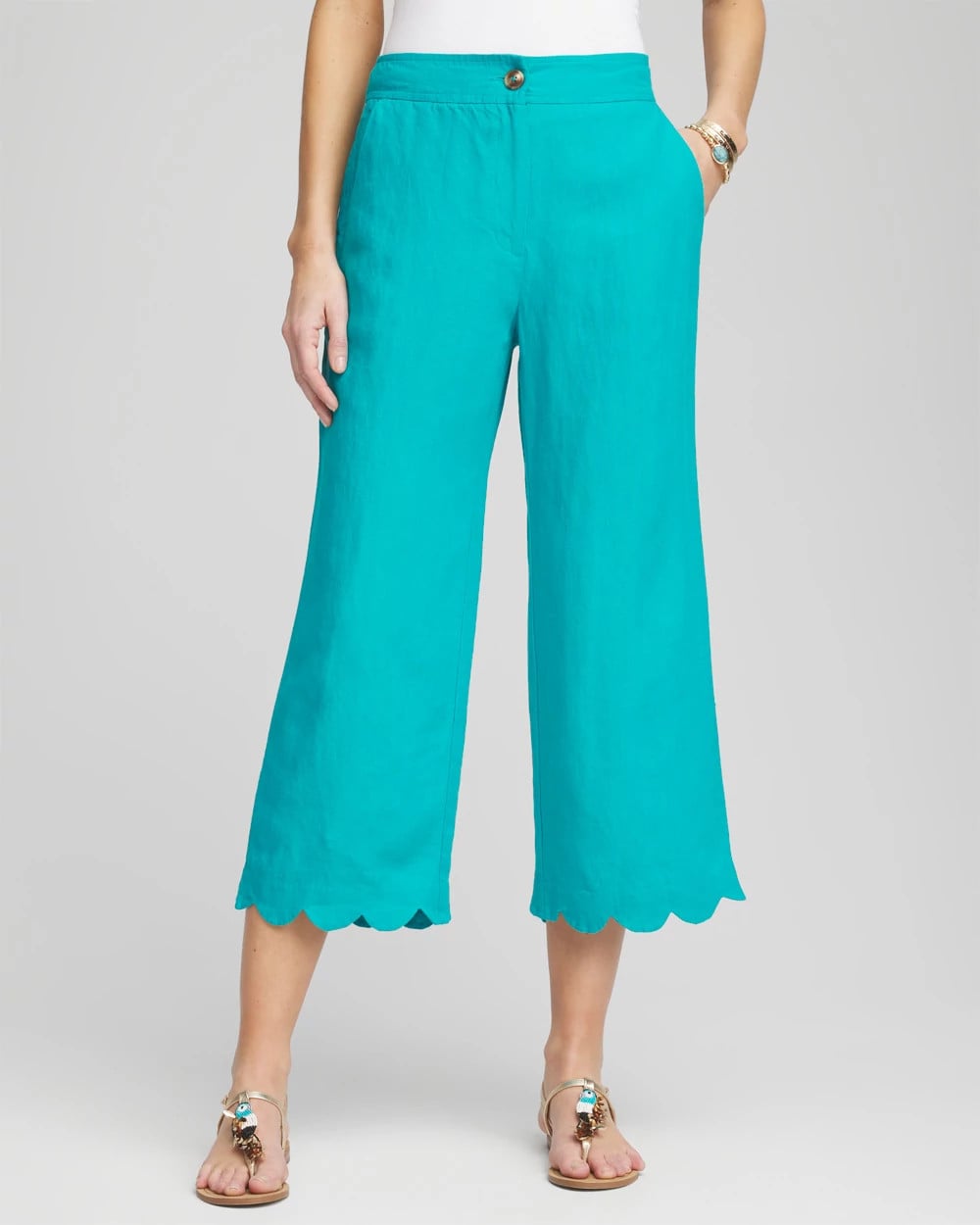 Chico's Linen Scallop Hem Crop Pants SEASPRAY