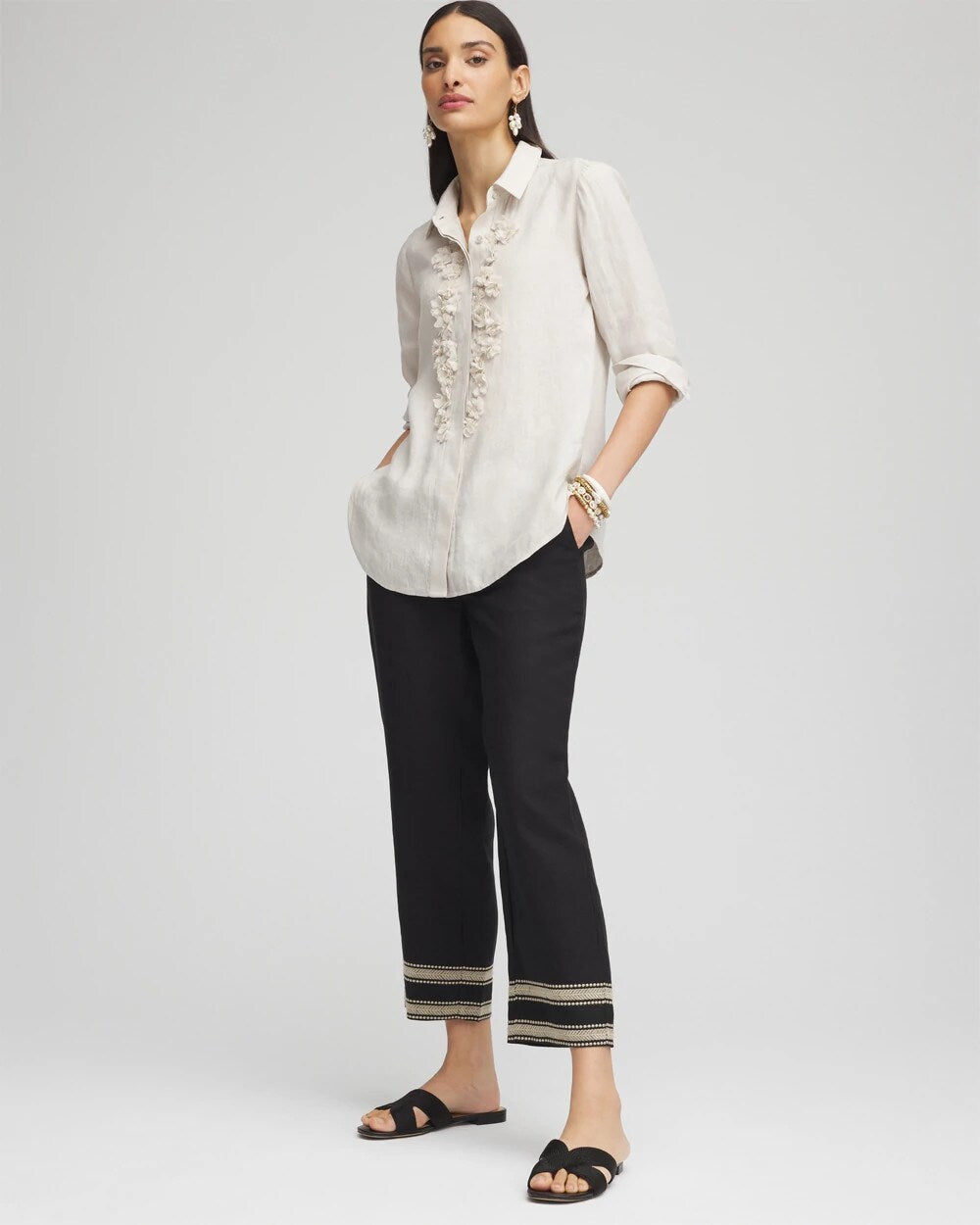 Chico's Linen Elastic Waist Cropped Pants BLACK