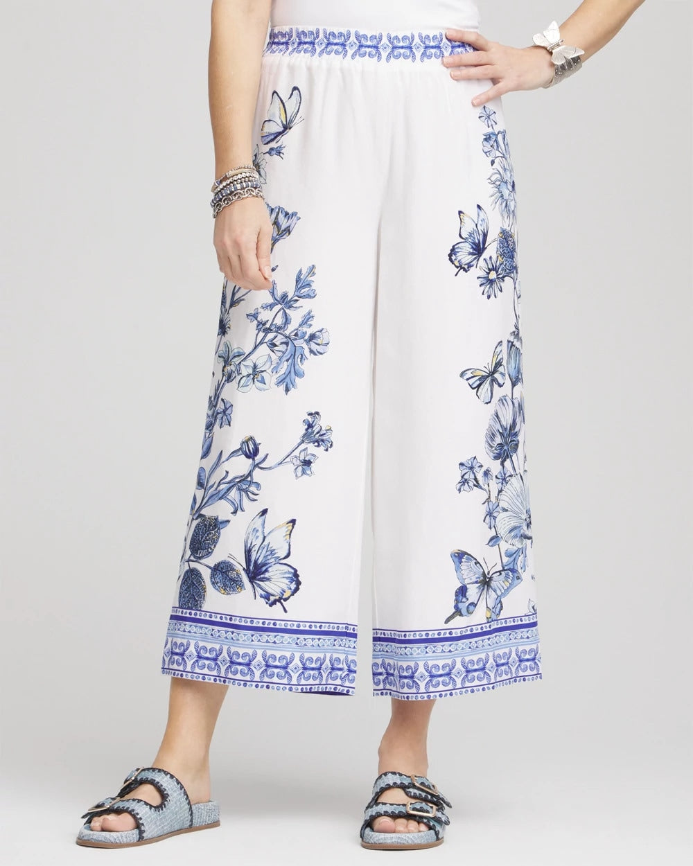 Chico's Butterfly Pull-On Linen Cropped Pants ALABASTER