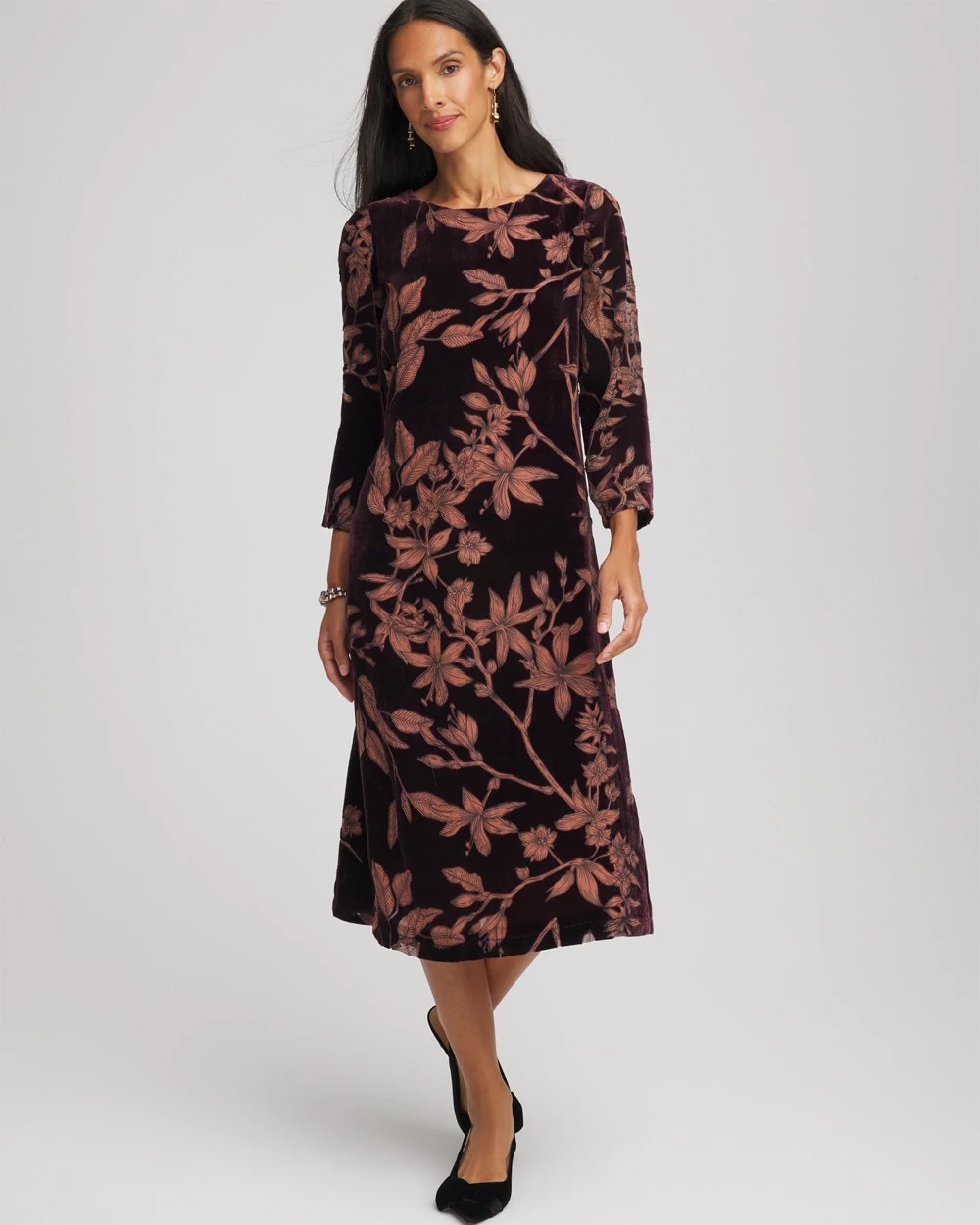 Chico's Burnout Velvet Midi Dress NIGHT BLOOM