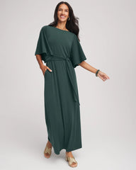Chico's Belted Flutter-Sleeve Maxi Dress DARKEST SPRUCE