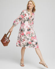 Chico's Floral Linen Pintuck 3/4 Sleeved Dress MULTI