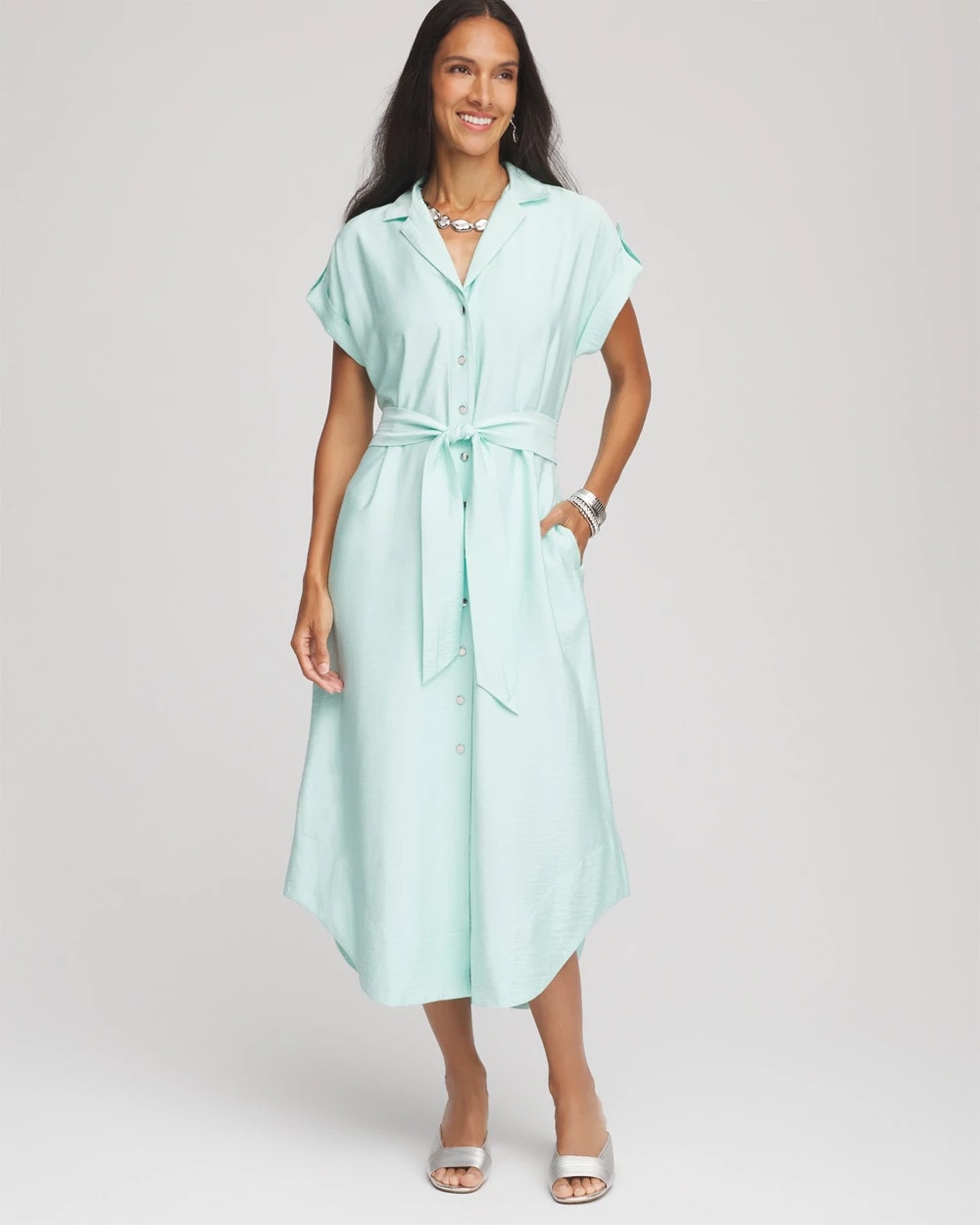 Chico's Hammered Rayon Midi Shirtdress TEAL WATERS
