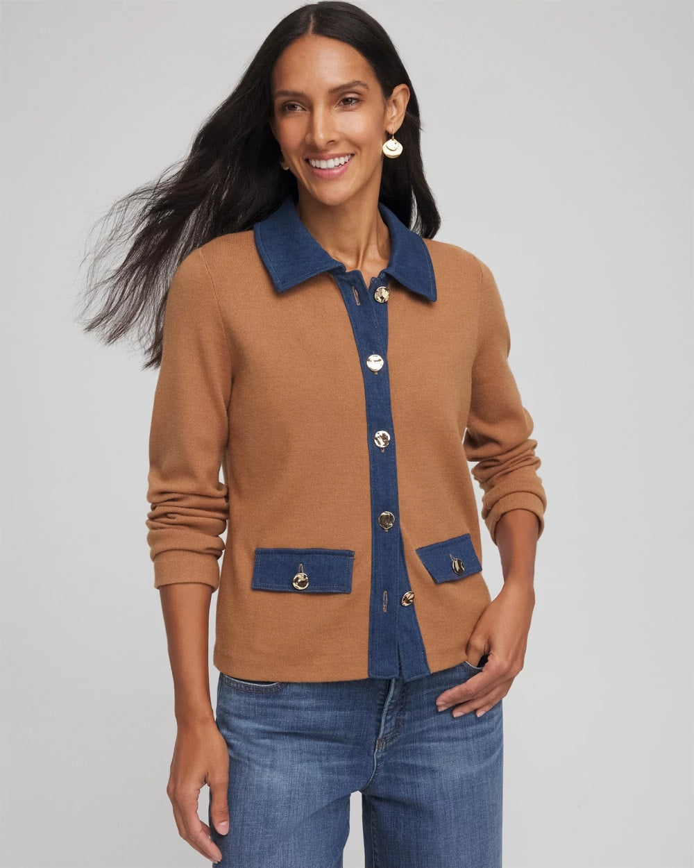 Chico's Collared Denim Trim Cardigan CARAMEL APPLE HEATHER