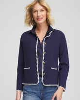Chico's Blanket Stitch Crewneck Cardigan PASSPORT BLUE