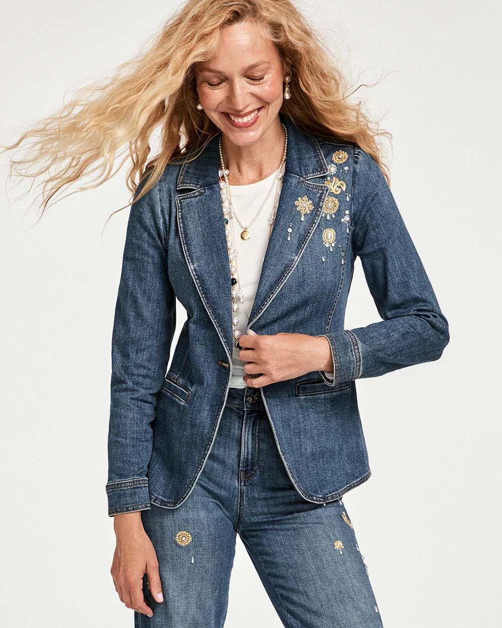 Chico's Pearl Brooch Denim Blazer KIRUNA INDIGO