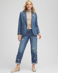 Chico's Pearl Brooch Denim Blazer KIRUNA INDIGO