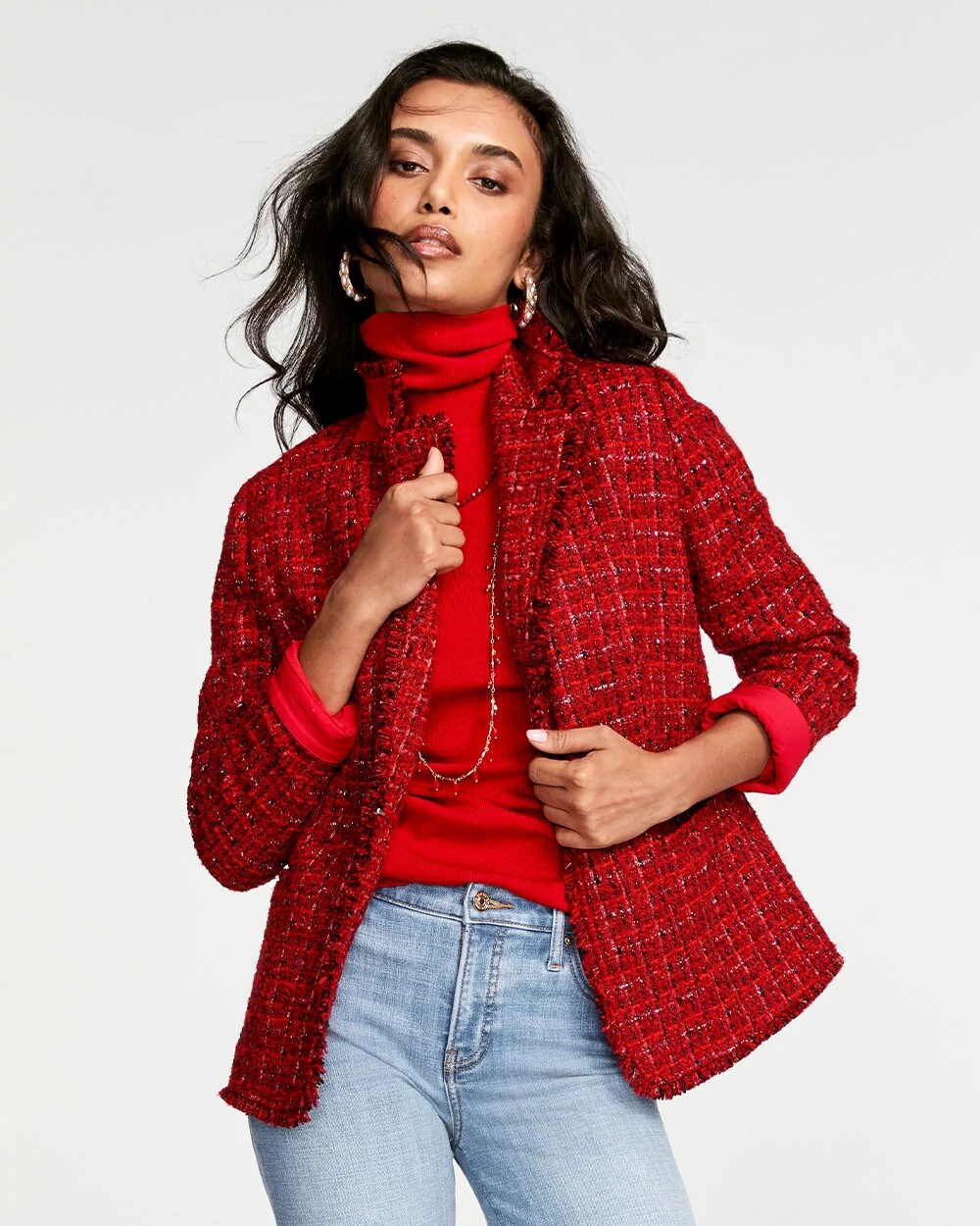 Chico's Red Tweed Sequins Blazer RED