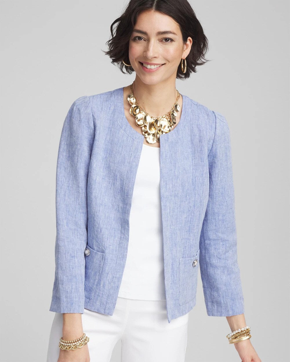 Chico's Collarless Linen Blazer BLUE