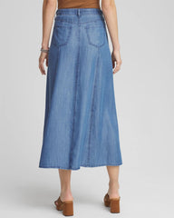 Chico's Lightweight Denim Fly Front Midi Skirt BAILEY INDIGO