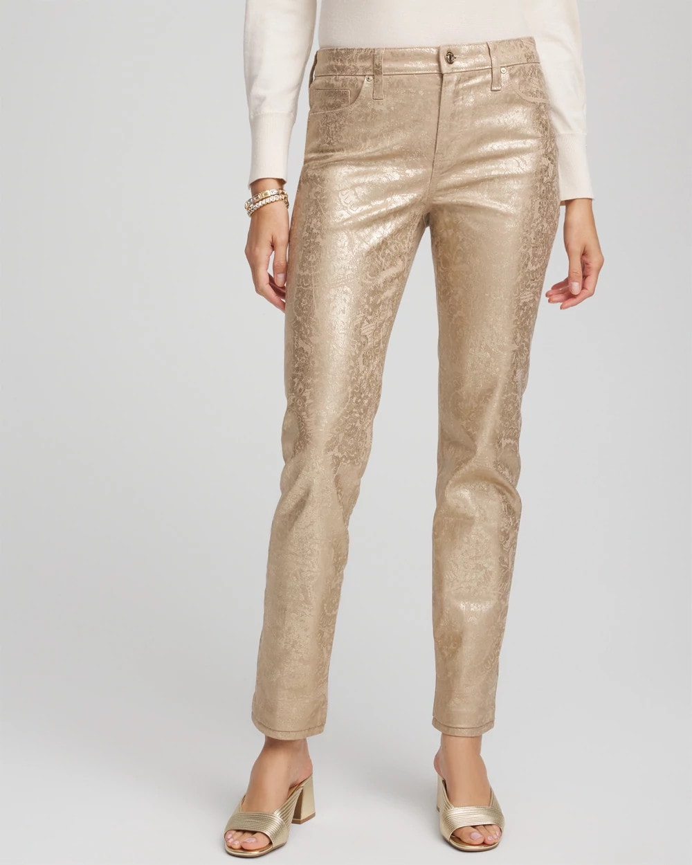 Chico's Girlfriend Slim Ankle Foiled Lace Jeans CHAMPAGNE FIZZ