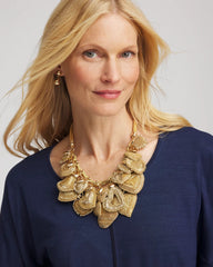 Chico's Gold Beaded Heart Charm Bib Necklace GOLD
