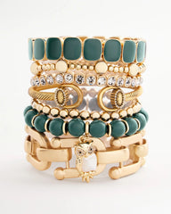Chico's Green & Gold Beaded Charm Bracelet DARKEST SPRUCE