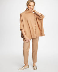 Chico's Cowlneck Knit Fringe Poncho FAUX CREME COFFEE HEATHER