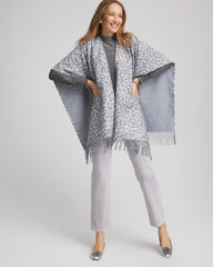 Chico's Reversible Animal Print Fringe Ruana STORM CLOUD