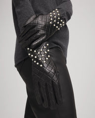 Chico's Leather Pearl Quilted Gloves BLACK