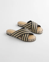 Chico's Striped Raffia Cross-Strap Slide Sandal BLACK RAFFIA