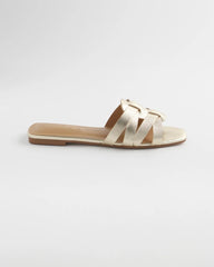 Chico's Leather Cassidy Cross-Strap Slide Shoes GOLD