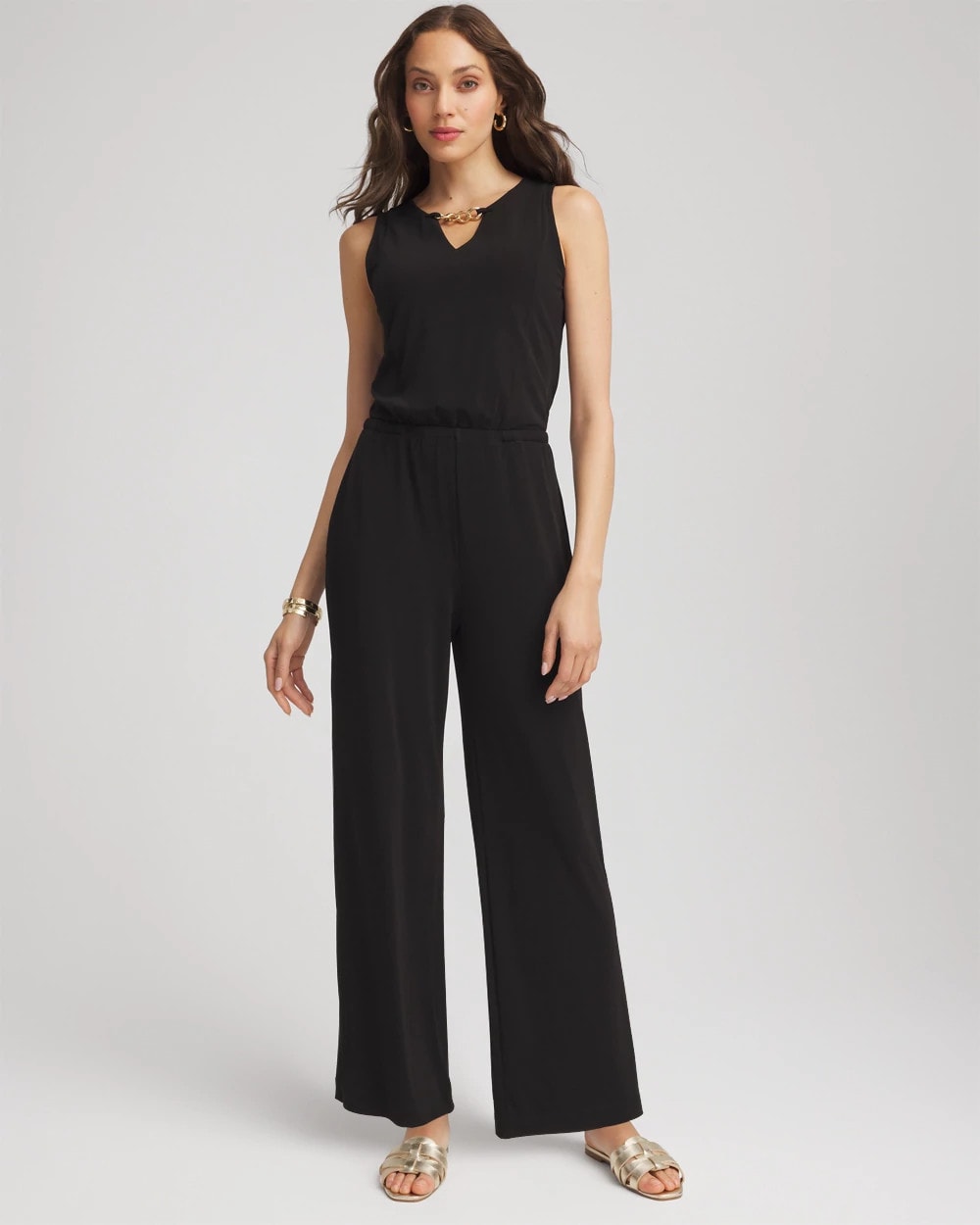 Chico's Petite Travelers™ Jersey Knit Chain-Trim Jumpsuit BLACK