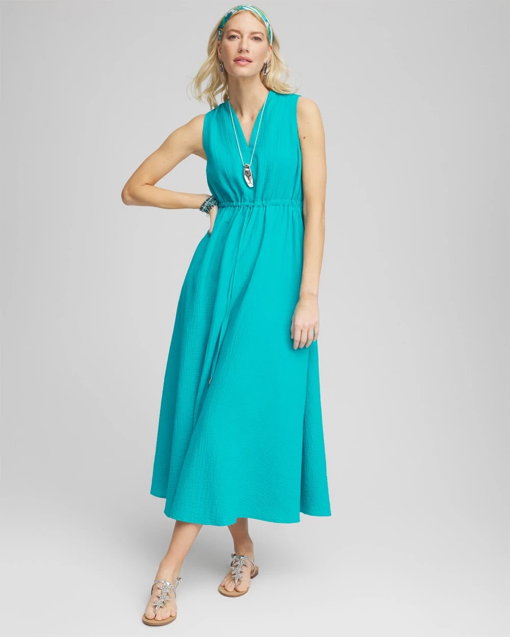 Chico's Petite Sleeveless Gauze Maxi Dress SEASPRAY