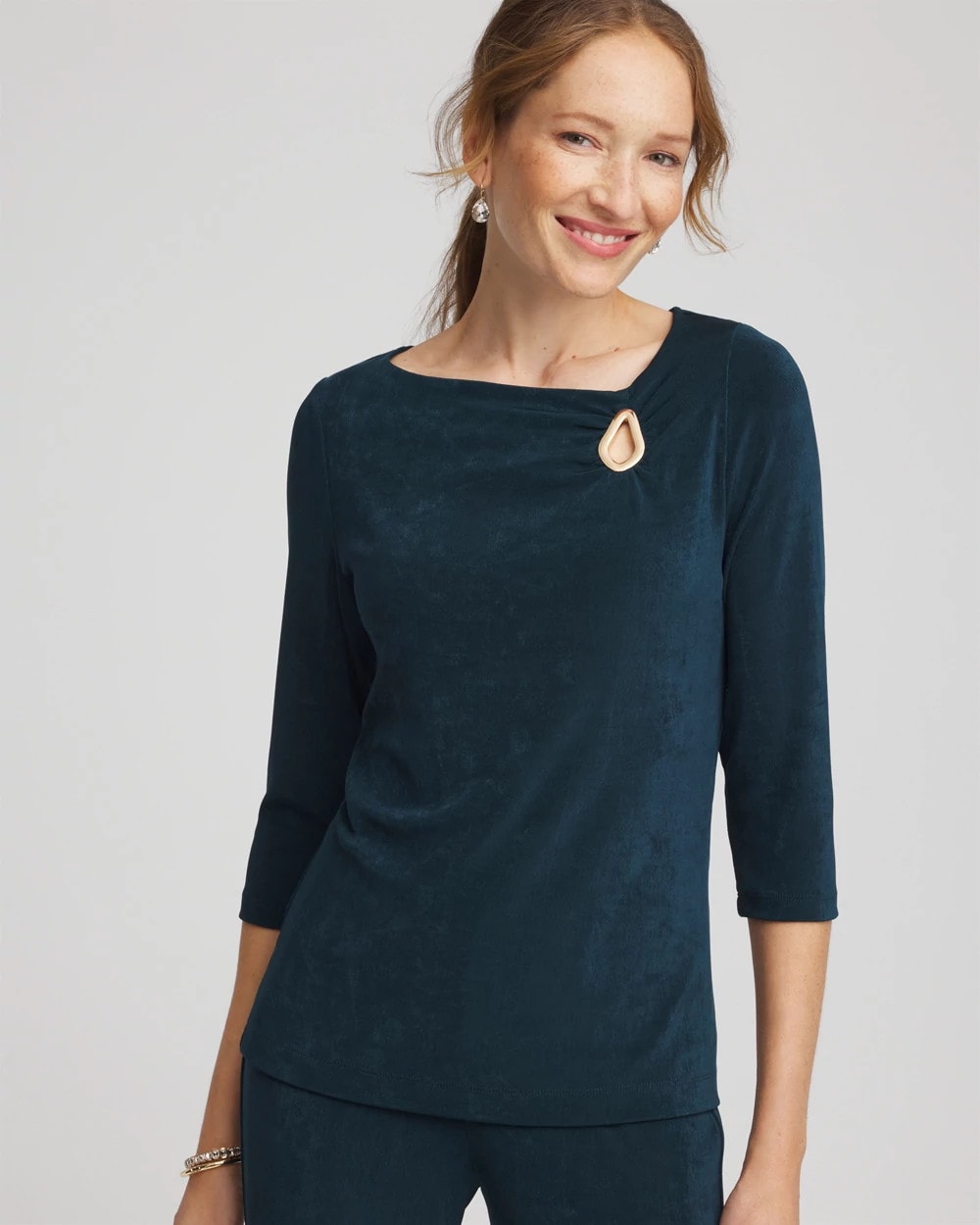 Chico's Travelers™ Asymmetrical 3/4 Sleeve Top TEAL SHADOW